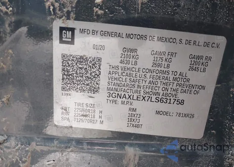 2020 Chevrolet Equinox Fwd Lt 2.0L Turbo from USA, damaged, VIN 3GNAXLEX7LS631758